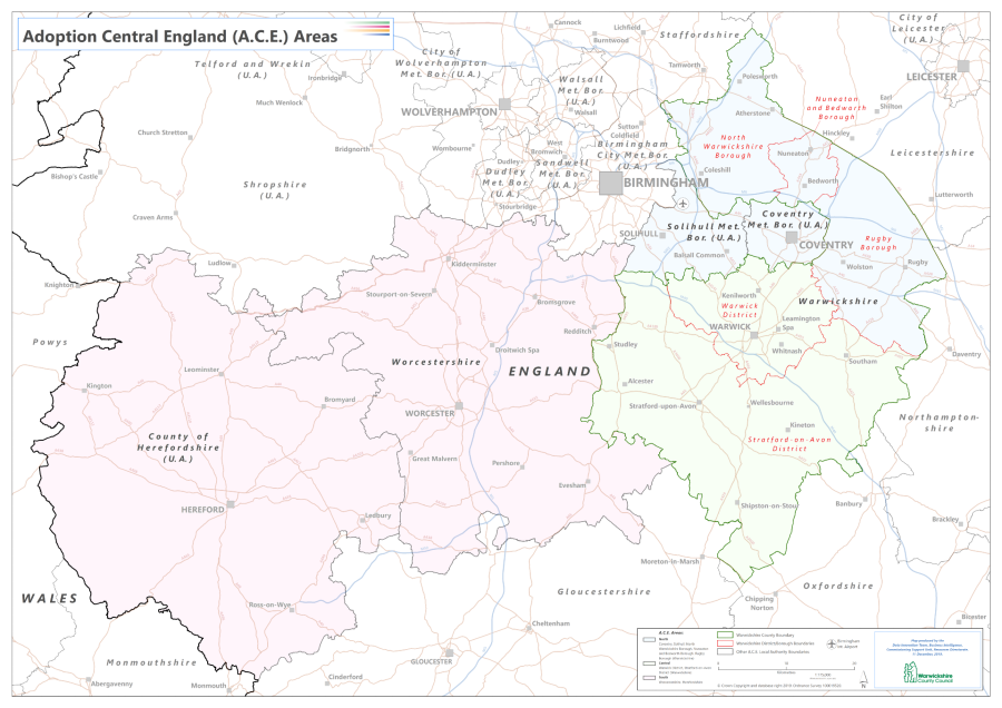 Map of counties covered by ACE. ACE covers Coventry, Herefordshire, Solihull, Warwickshire and Worcestershire areas.