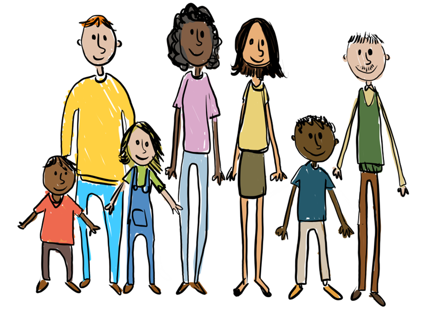 A cartoon drawing of an adoptive family
